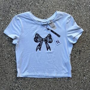 Noisy May Nmtilly Lace Bow T-Shirt Women's M White Black Lace Cropped Top - NWT